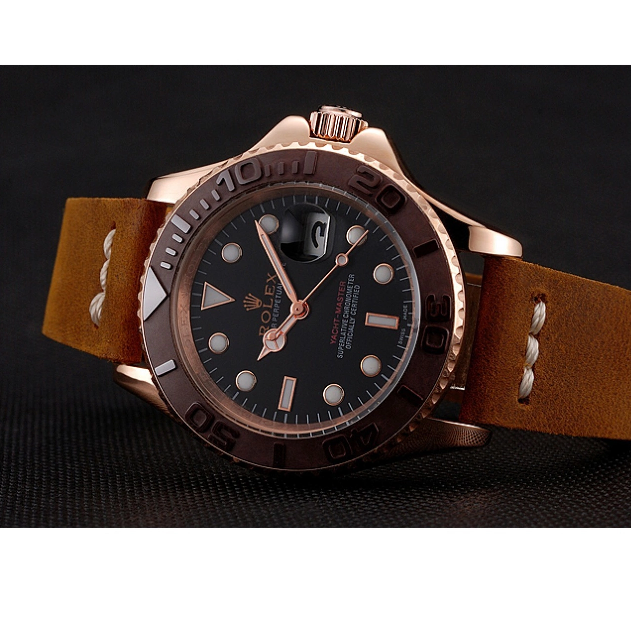 Aaa replica Gold Brown Yacht Bezel Black Dial 1453860 Case Rolex Rose Master Leather Brown Bracelet 0712